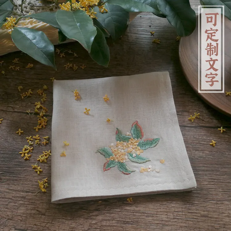 Traditional Chinese Hanfu Style Embroidered Osmanthus 100 Percent Cotton Handkerchief Customizable Name Vintage Soft Pocket Squa