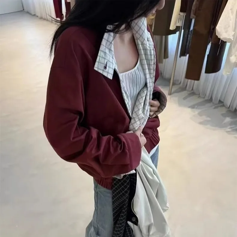 

Red Plaid Double-Sided Wear Casual Women's Jaet Autumn New Sle ort Coat for All Seasons Matching Any Outfit Korean Sle