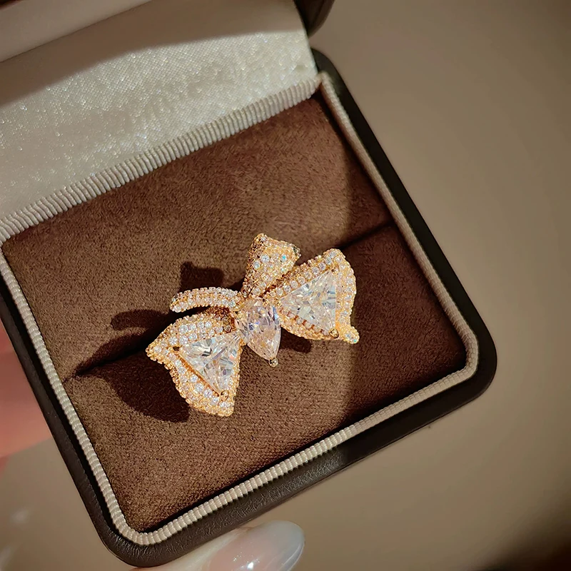 Luxury Bow Zircon Ring High-end feeling Open Size Rings Court French Elegant High Carbon CZ Finger Jewelry for Women KOFSAC