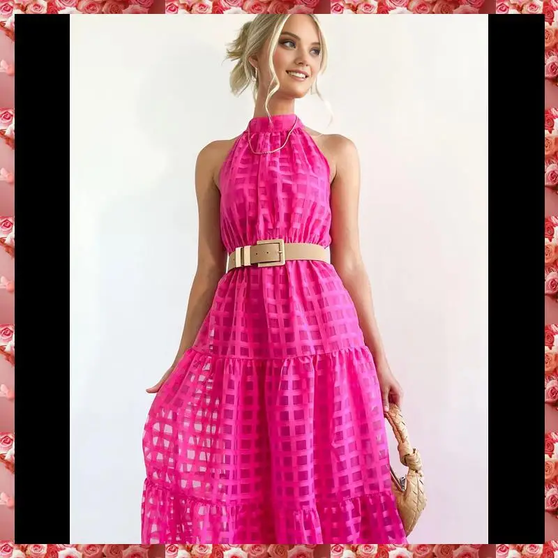 فستان نسائي صيفي طويل منقوش عليه زهور بدون أكمام ورقبة رسن وحاشية مكشكشة فساتين بوهو طويلة مع حزام