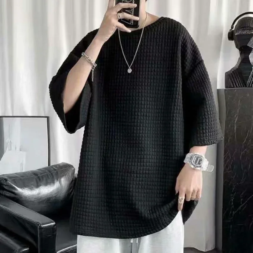 

Waffle T-shirt Men's Large Size Summer Loose O-neck Short-sleeved Top Men Five-quarter Sleeves Ins Casual Comfortable T-shirt
