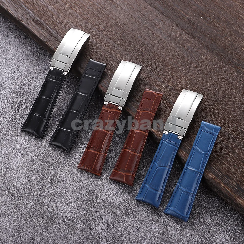 جلد العجل حزام (استيك) ساعة ل رولكس الغواصة المياه شبح دايتونا GMT 20 مللي متر حزام مقاوم للماء أساور الأعمال مشبك قابل للطي #5