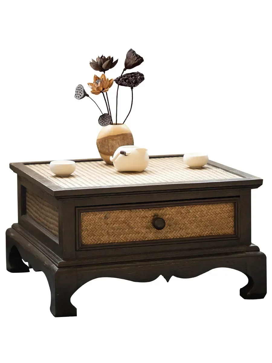 Small coffee table, solid wood Zen floating window table,  bamboo woven new Chinese tea table