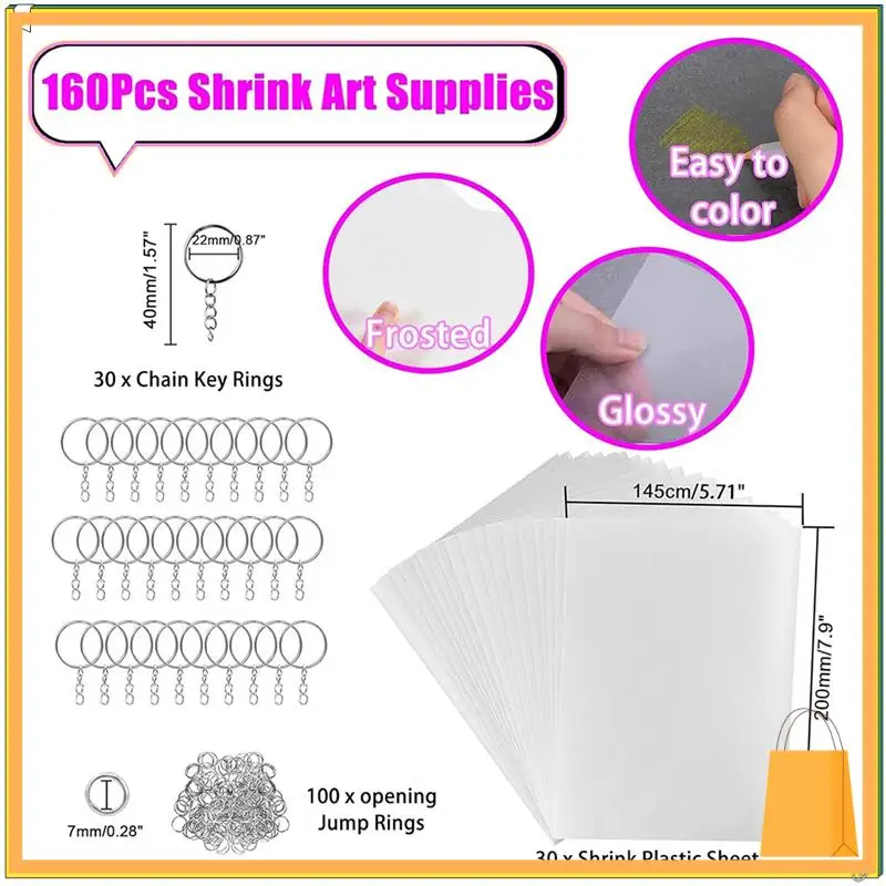 L53A-160Pcs Shrink Plastic Sheets Kit,7.9 X 5.7 Inch Shrink Paper Sheets And Keychains Making Accessories For Kids DIY Craft