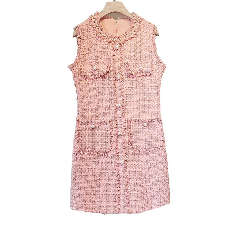 

Pink Tweed Dress 2023 spring / autumn women's dress tassel ladies slim bottoming dress one-piece