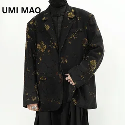 UMI MAO New Autumn Men's Small Blazers Jacket Women New Chinese Floral Flocking Black Loose Jacket Femme Y2K