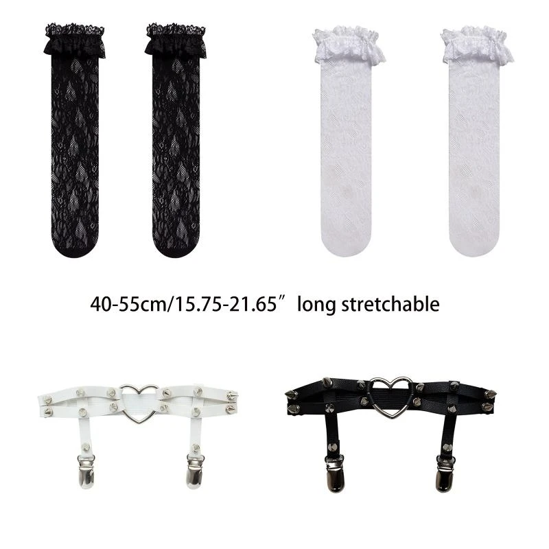 Lace Ruffle Frilly Long Tube Socks Women Stocking Gothic Studded Heart Garters Leg Ring Elastic Punk Harness Garter