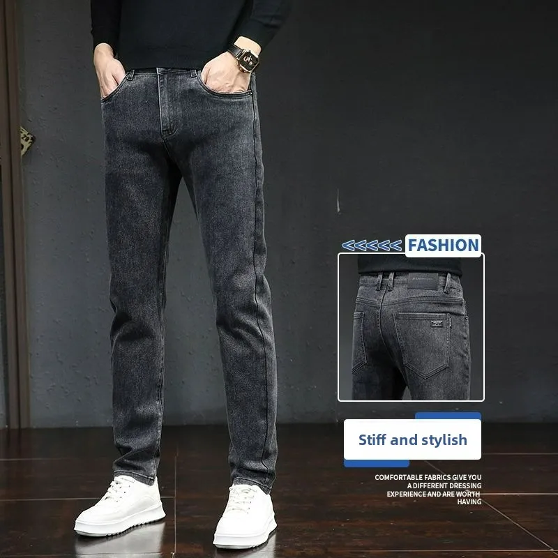 الرجال الخريف الشتاء مطاطا الدينيم الجينز الصلبة متعددة جيوب الأعمال السراويل سليم صالح ارتداء اليومي ركض منتصف الخصر بنطلون