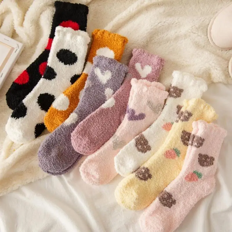 L38E 10 Pairs Women Winter Microfiber Fuzzy Slipper Socks Heart Dot Bear Printed Warm Sleeping Hosiery