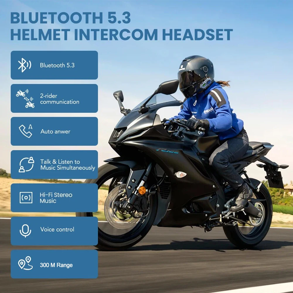 Bluetooth 5.3 Motorcycle Helmet Intercom Headset Wireless Handsfree Music Player Moto Headphone Waterproof Earphone With Mic