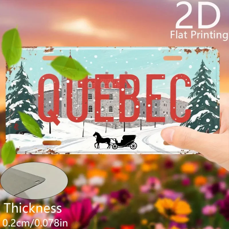 مسطح ثنائي الأبعاد، قطعة واحدة من لوحة ترخيص عتيقة بطابع كيبيك - مشهد شتوي ريترو كيبيك مع حروف كوبيك حمراء جريئة #5