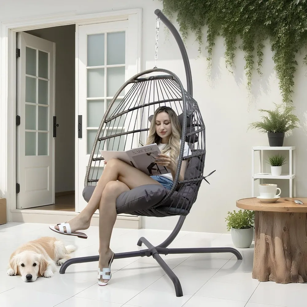 كرسي على شكل بيضة من الخيزران للاستخدام الداخلي والخارجي مع حامل، سلة معلقة للفناء، كرسي مريح مبطن على شكل بيضة للاسترخاء #3