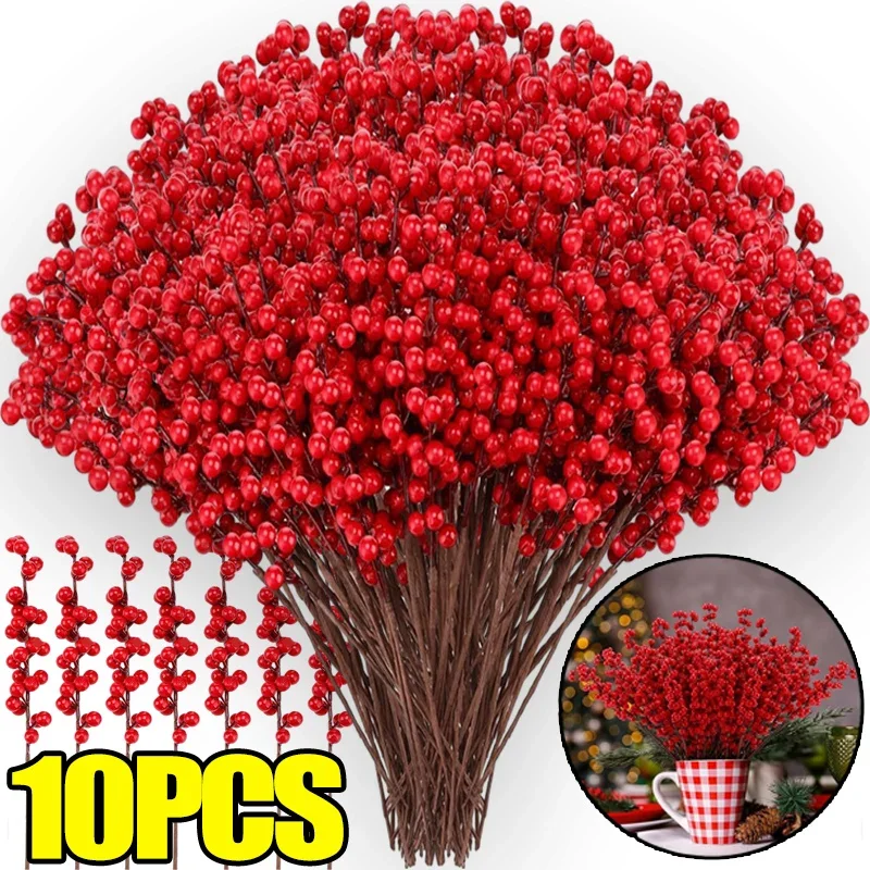 1-10PCS Christmas Red Berry Branch Xmas Artificial Flower DIY Wreath Gift Christmas Tree Ornament Home Table Decoration New Year