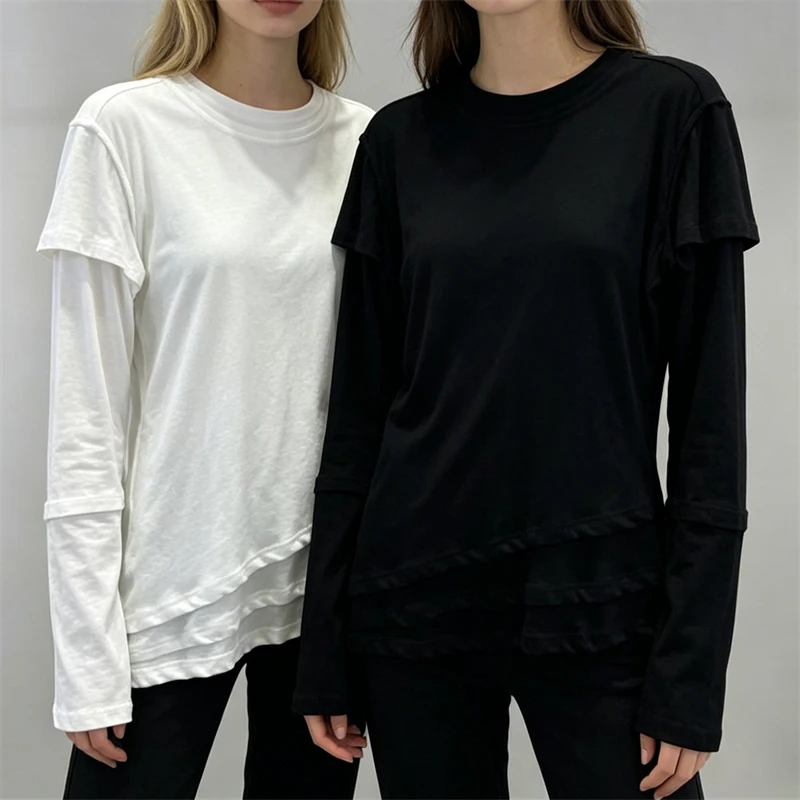 New Summer Women's Round Neck PatchworkElastic Slim Fit Cotton Linen Long Sleeve T-Shirt y2k FashionSports Casual Base Layer Top