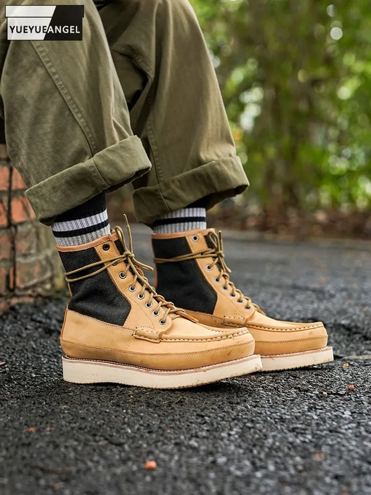 Winter Mens Lace Up Fashion High Top Real Genuine Leather Patchwork Thick Platform Work Skateboard Shoes Motorcycle Riding Boots