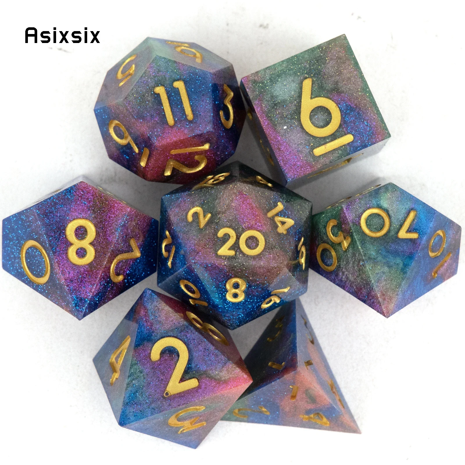 

7 Pcs Colorful Golden Number Sharp Edge Resin Dice Polyhedral Dice Suitable For Role-Playing RPG Gift