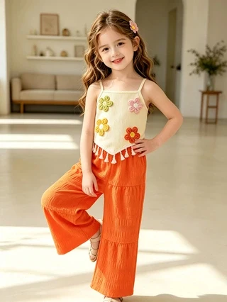 Neu eingetroffen: Sommerliches 3D-Blumen-Cami-Set für Mädchen, Quasten-Cami-Top & orangefarbene, plissierte Weitbein-Hose, lässiges 2-teiliges Outfit für Mädchen. – Detail 2