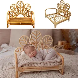 Newborn Photography Furniture Hand-woven Rattan Basket Chair and Beige Gray Backdrop Blanket Decor Baby Photoshoot Accessories