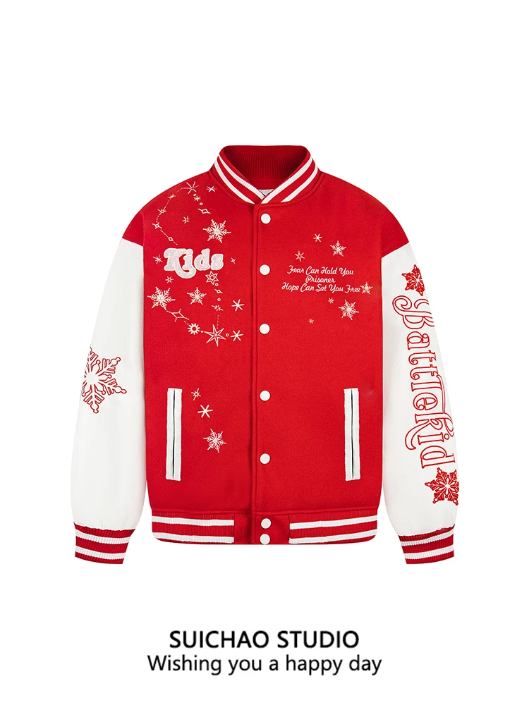 

Suichao American Retro Snowflake Embroidery Jaet Leather Panel Baseball Sle Men's Casual Coat Spring New Loose Fit Polyes...