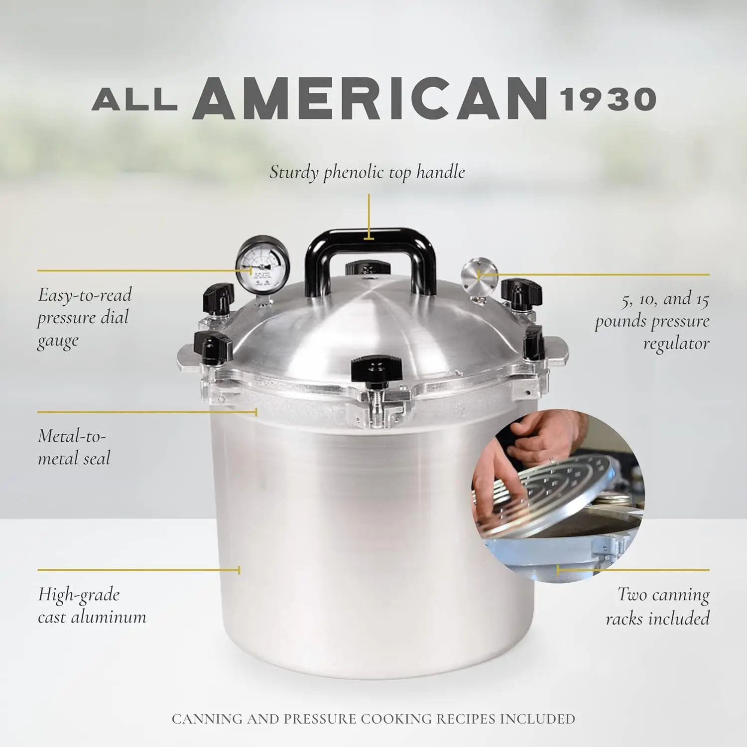 

All American 1930: 21.5qt Pressure Cooker/Canner (The 921) - Exclusive Metal-to-Metal Sealing System - Easy to Open