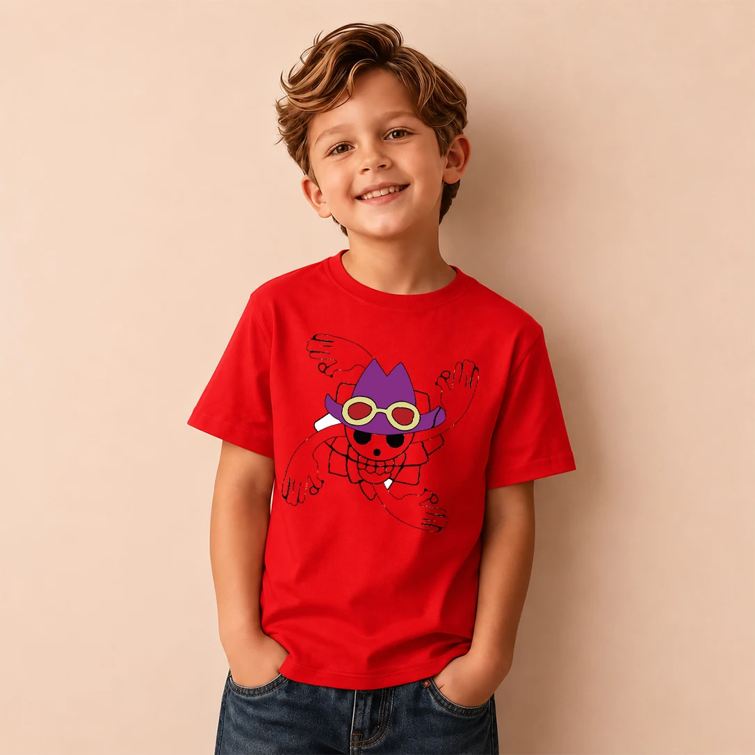 Kids T‑Shirt One Piece Usopp Pirate Skull Logo Print Short Sleeve Casual Tops Boys Girls Anime Children Daily Wear Tees