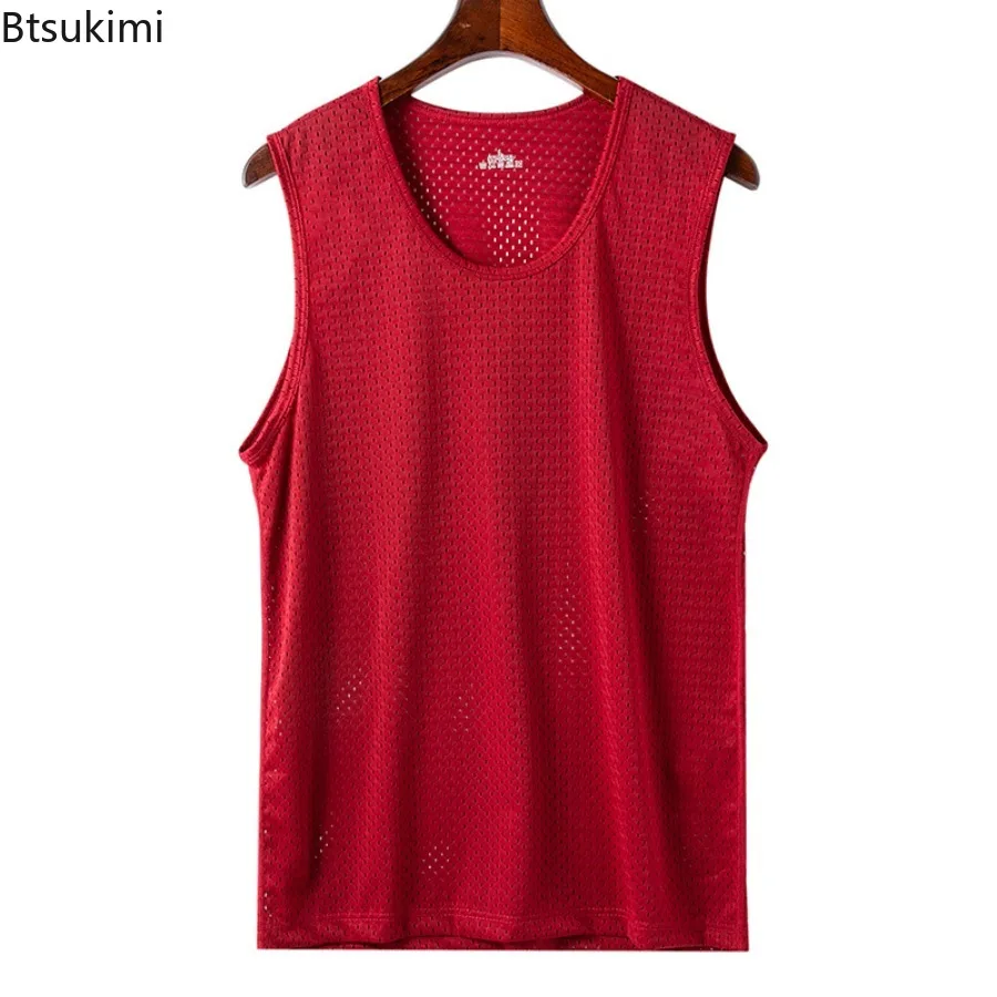 

2025 Men Ice Silk Mesh Summer Thin Sleeveless Shirt Round Neck Breathable Sports Fitness T-Shirt Leisure and Comfortable Vests