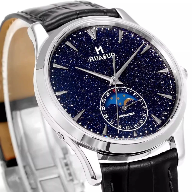 

39Mm Aventurine Moon Phase Men's Mechanical Watch Sapphire Crystal 50m Waterproof Movement