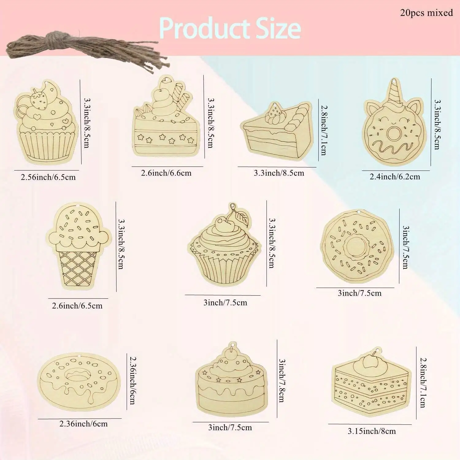 20Pcs Wooden Cupcake Ornaments Cartoon Donut Unpainted Crafts For Summer Sweet Birthday Party DIY Painting Gifts Supplies