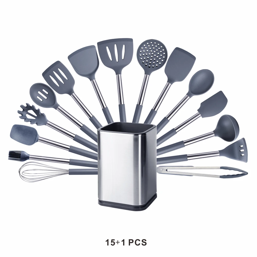 Classic Kitchen Cooking Tools Silicone Utensils Set Non Stick Heat Resistant Spatula Spoon Kit Kitchen Gadgets Accessories Grey