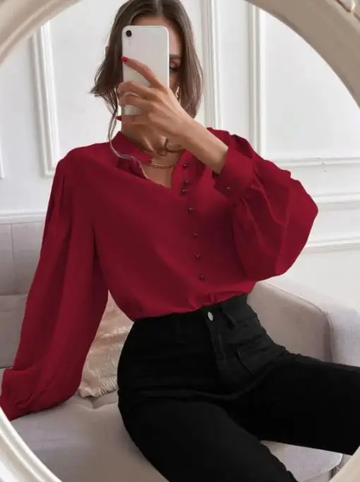 

Новинка весны 2025 года, элегантная однотонная свободная женская рубашка с воротником и длинными рукавами на пуговицах