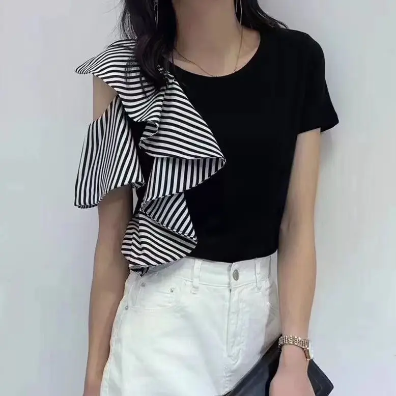 

2025 Summer Dress New Fashionable Irregular Stripe Ruffle Off Shoulder Top Flying Sleeve Shirt Women's Short Sleeve T-shirt