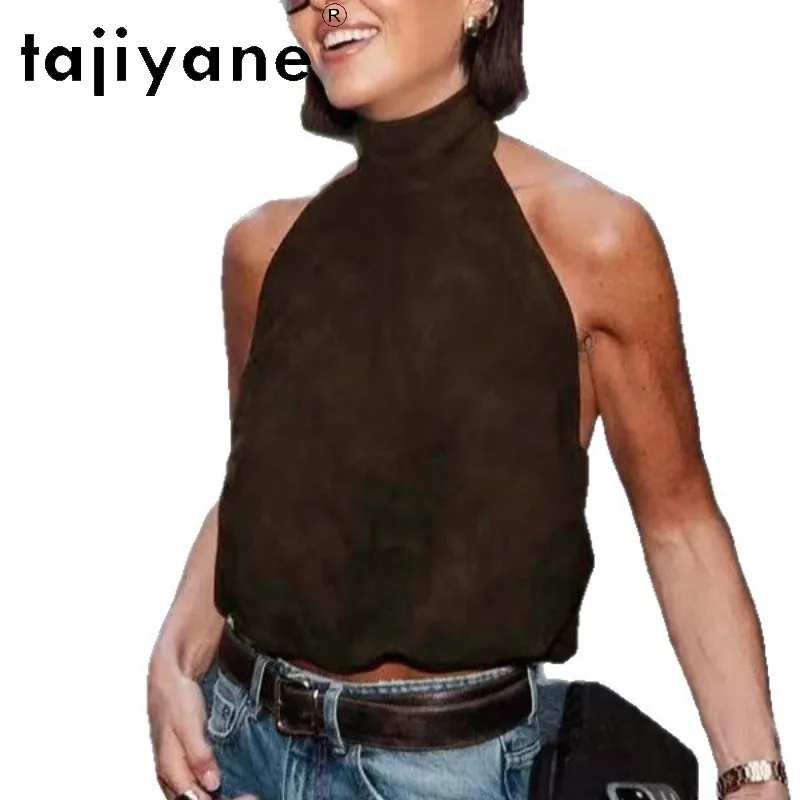 TAJIYANE Genuine Leather Jacket Women Backless Waistcoat Vintage Goatskin Suede Vest Crop Halter Top Sexy Bud Hem Veste Femme