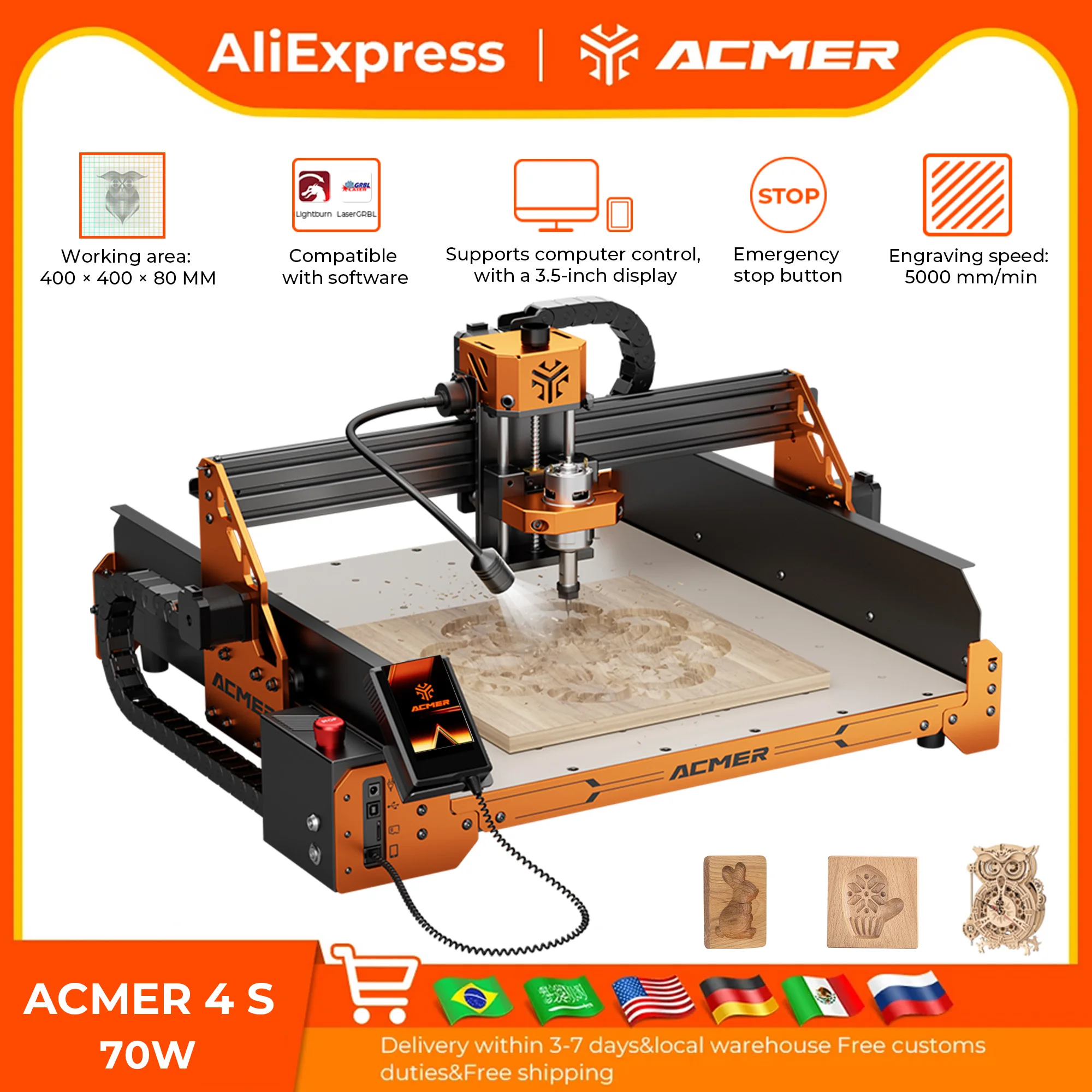 

Фрезерный станок с ЧПУ ACMER 4 S 70W, 3-осевое управление, LED-сенсорный экран, аварийная остановка, возможность модернизации, для дерева, пластика, акрила, 400*400*80 мм
