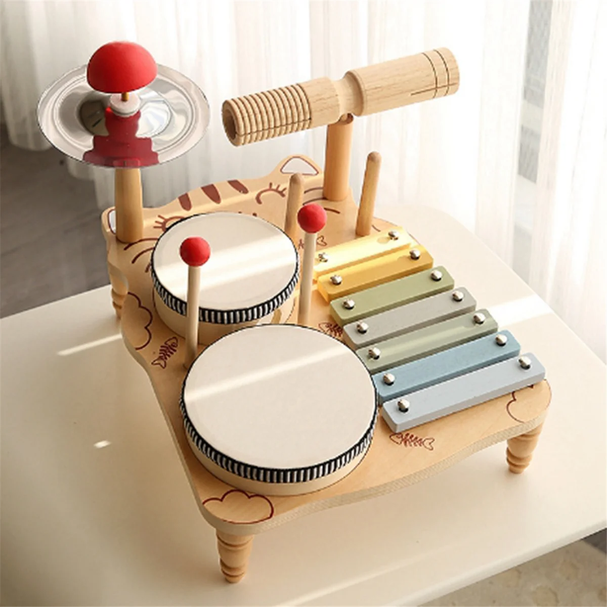 Kids Drum Set for Toddlers Wooden Early Education Beginner Percussion Music Table Children'S Drum Rack Set