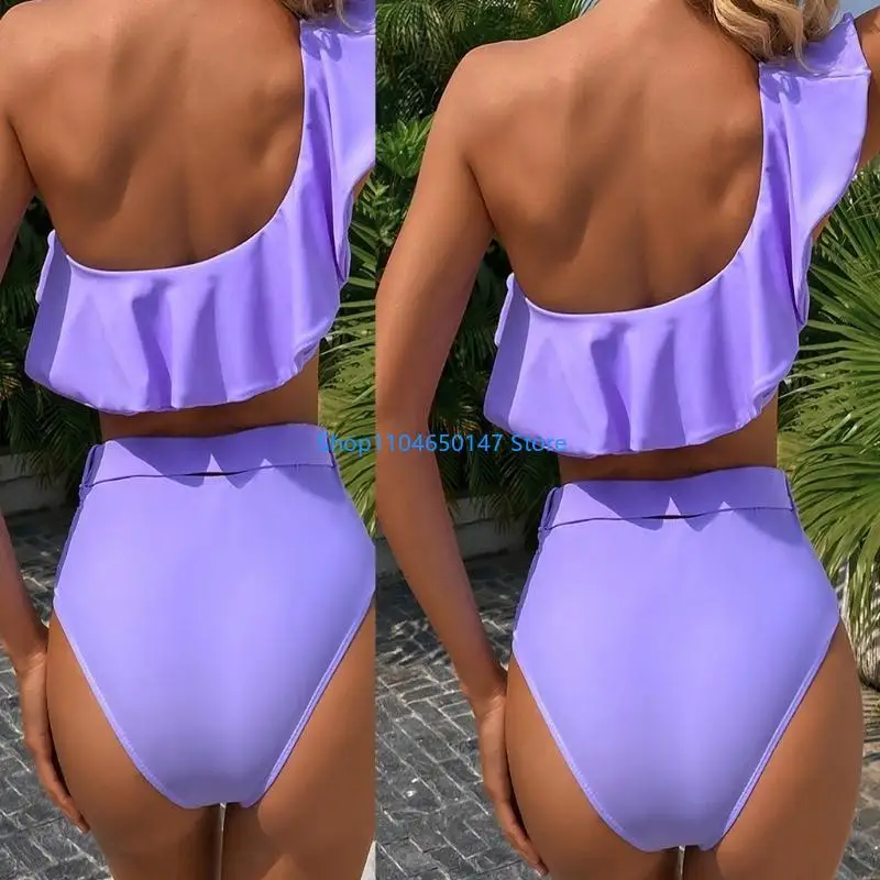 Womens Sexy 2 Piece Set Shoulder Flounce Crop Top High Waist Buckle Belted Ruched Thong Swimsuit Solid Color