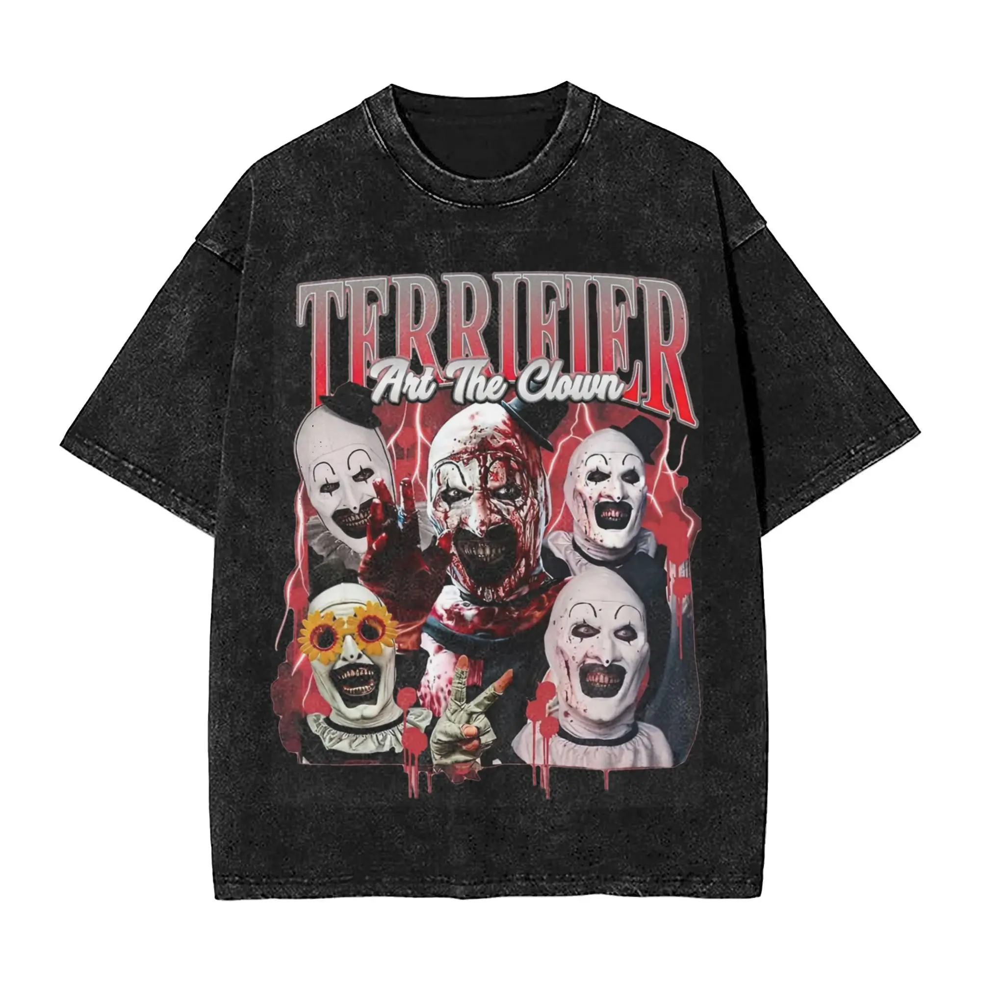 Washed T Shirts Terrifier Art The Clown Hip Hop Novelty T-Shirt High Street Streetwear Graphic Printed Tops Tee Shirt Men Women