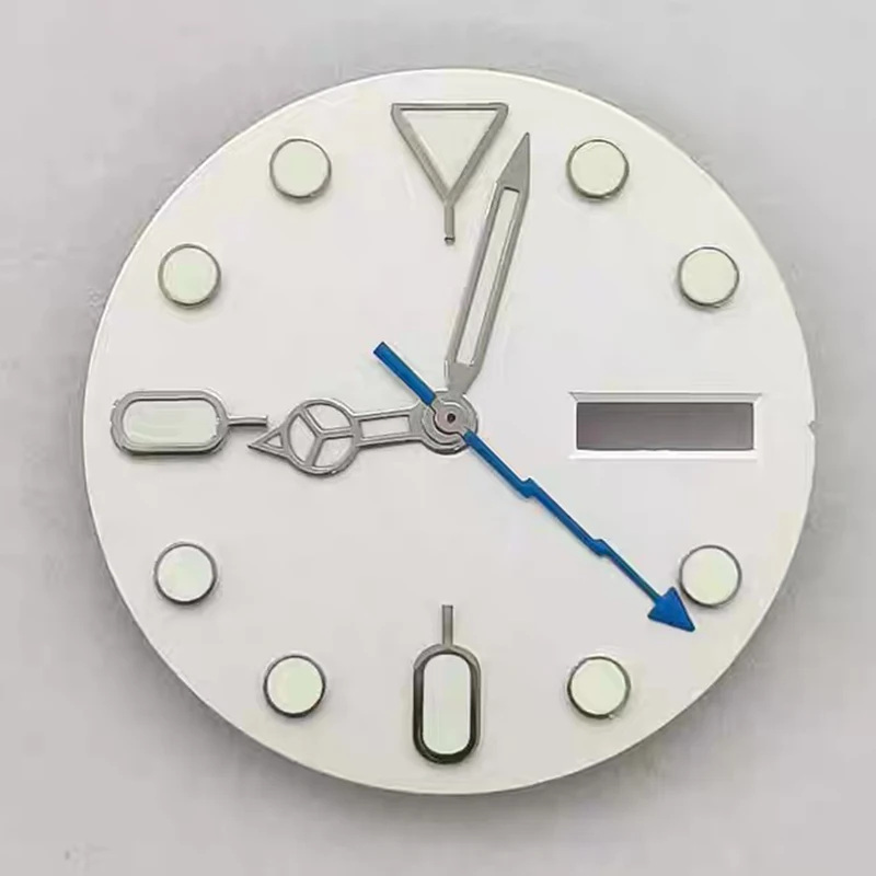 28,5 мм зеленый светящийся двойной календарь, белый матовый циферблат для часов + Benz Lightning Hands, аксессуары для часов, подходят для механического механизма NH36