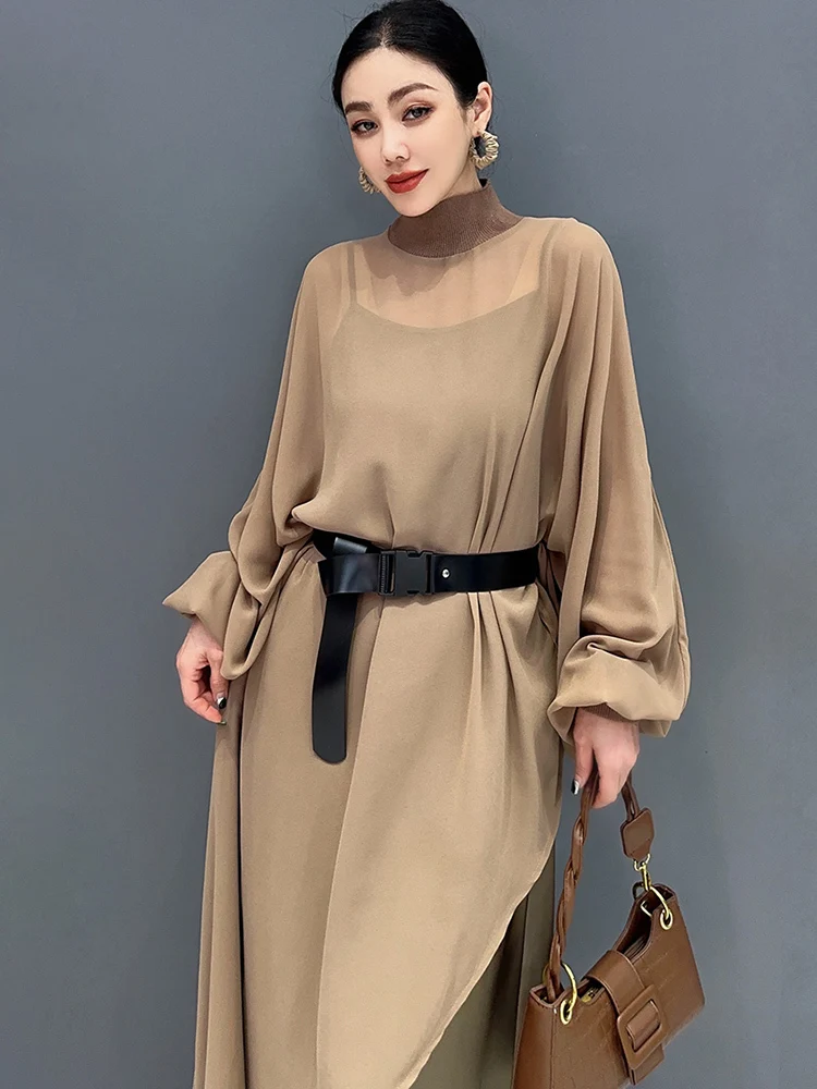 SHENGPALAE 2024 Spring Summer New Women\'s Clothes Chiffon Long Shirt Irregular Top Loose Fashion Elegant Chic Dress Female R9865