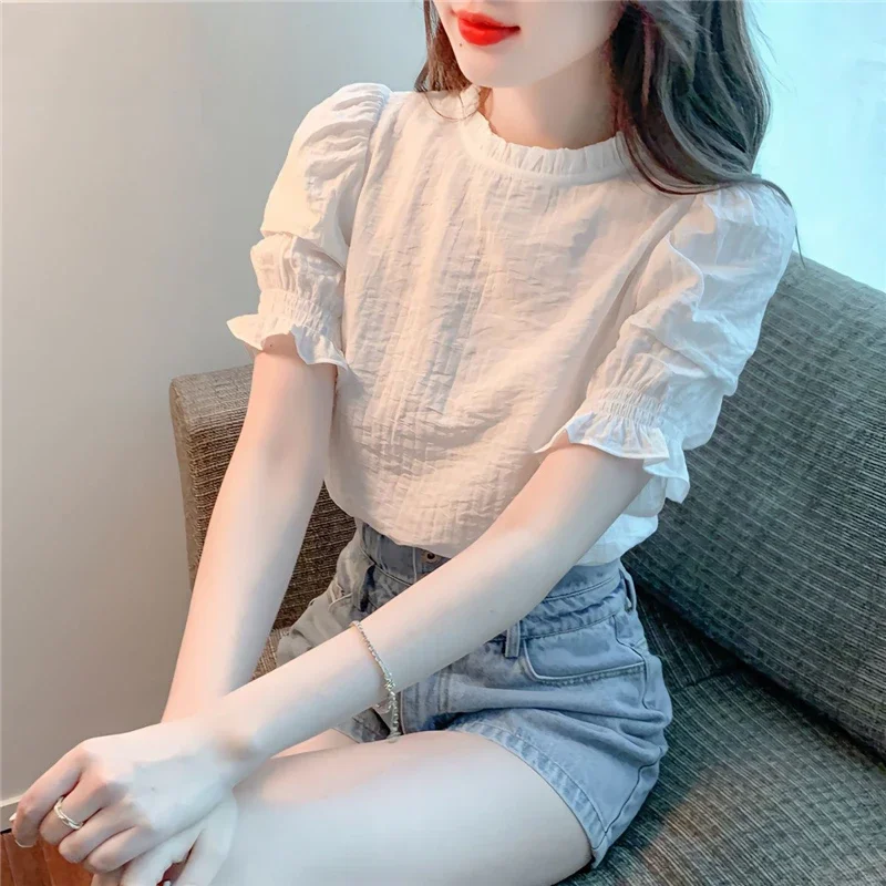 Women Clothes Ruffled White Sweet Elegant Blouse Summer Trendy Casual Short Sleeve Slim Street Shirts Chic Pullover Chiffon Tops