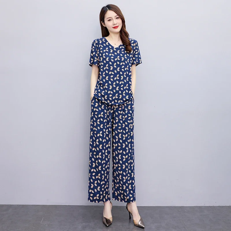 Summer Two Piece Sets Womens Outifits 2023 New Casual Printing Elastic Waist Wide Leg Pants Sets Elegant Blouse Summer Suit