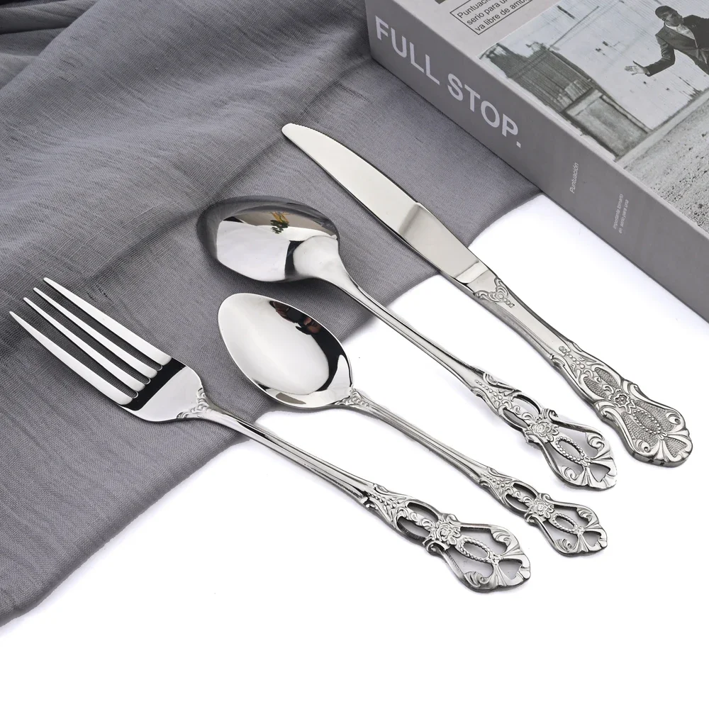 16Pcs Cutlery Set Gold Dinnerware Set Stainless Steel Tableware Vintage Knife Fork Dessert Spoon Silverware Kitchen Flatware