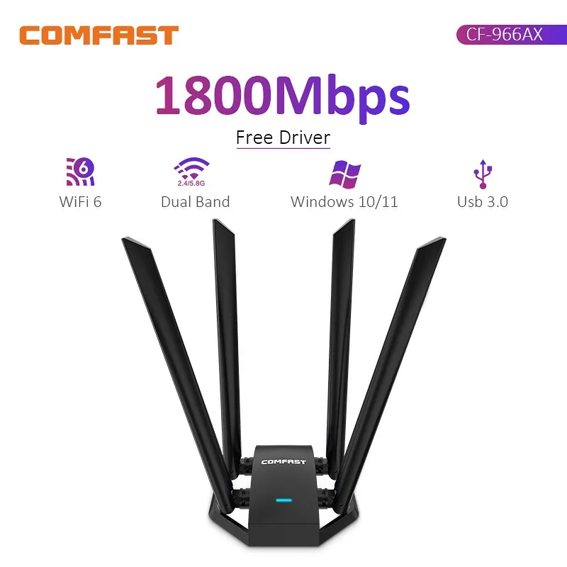 

CF-966AX WiFi 6 USB Adapter 2.4G&5.8G AX1800 High Speed Wireless USB3.0 Network Card Free-Drive WiFi6 Adapter 4*5dBi Antennas