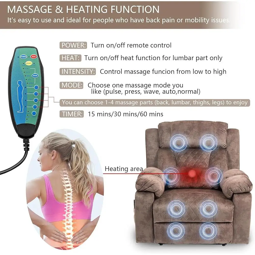 Негабаритное массажное кресло с электрическим подъемником и двойным двигателем с функцией тепла. Комфортная поддержка для пожилых людей.