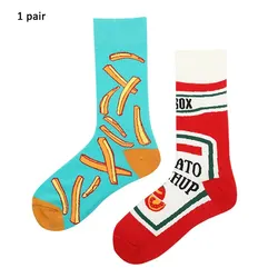 A Pair Of Men's Fries Tomota Graphic Novelty Crew Socks, Comfy Breathable Casual Socks For Men's Wearing