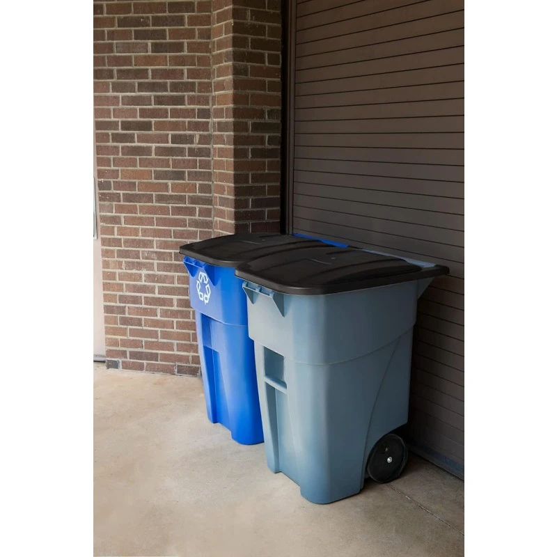 2-Pack Rollout Trash/Garbage Can Wih Wheels, 50 GAL, Gray and Blue Recycling, for Offices/Back of House/Home