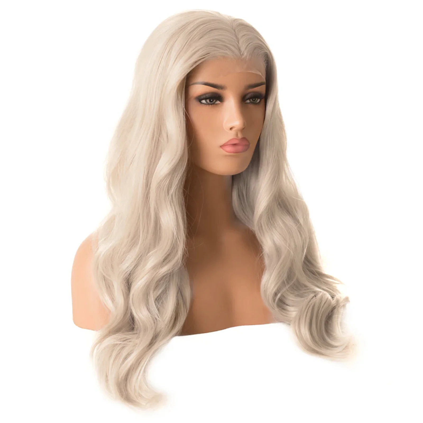 Light Blonde Long Wavy Curly Synthetic Body Wave Lace Front Wigs for Women Middle Part Silver Ash Grey 13X4 Glueless Daily Party