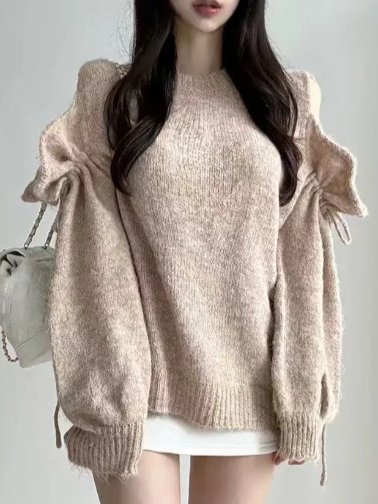 

Chic Early Spring Design Gathered Waist Belted Hollow out oulder Knitwear Women Loose Aosphere Sweater Top