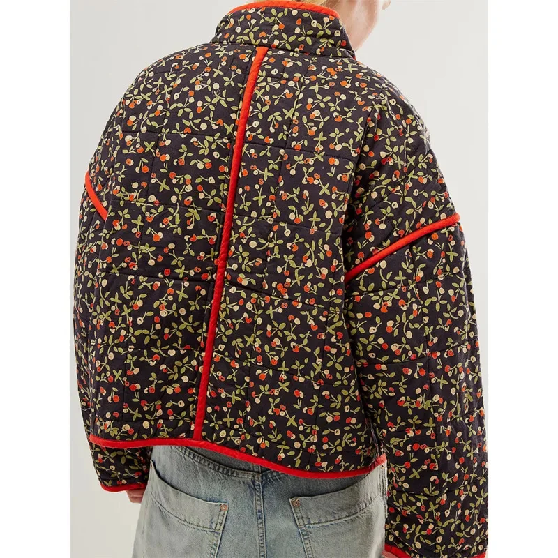 Chic Cropped Puffer Jacket Women Floral Print Lightweight Short Padded Stand Collat Quilted Coat 2024 Autumn Winter Warm Outwear