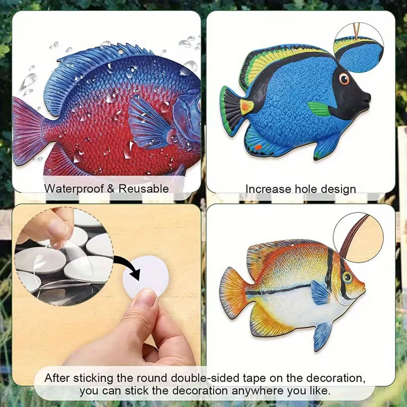 5Pcs Colorful Tropical Fish Wooden Wall Stickers, Floral Pattern Marine Fish Decor for Bathroom Beach Home with Nano Tape