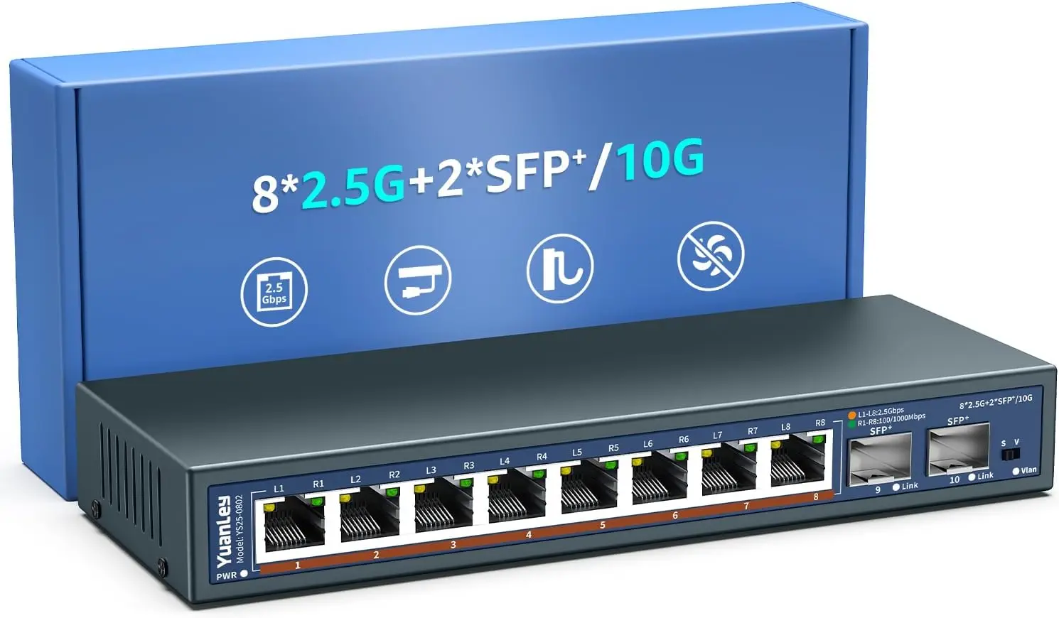 

10 Port 2.5G Unmanaged Switch, 8x2.5G Base-T + 2x10G SFP, Fanless, Desktop/Wall Mount